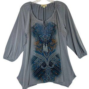 One Word Womens Tunic Top Size L Embelished Gray Shark Bite Hem Laganlook Tassle